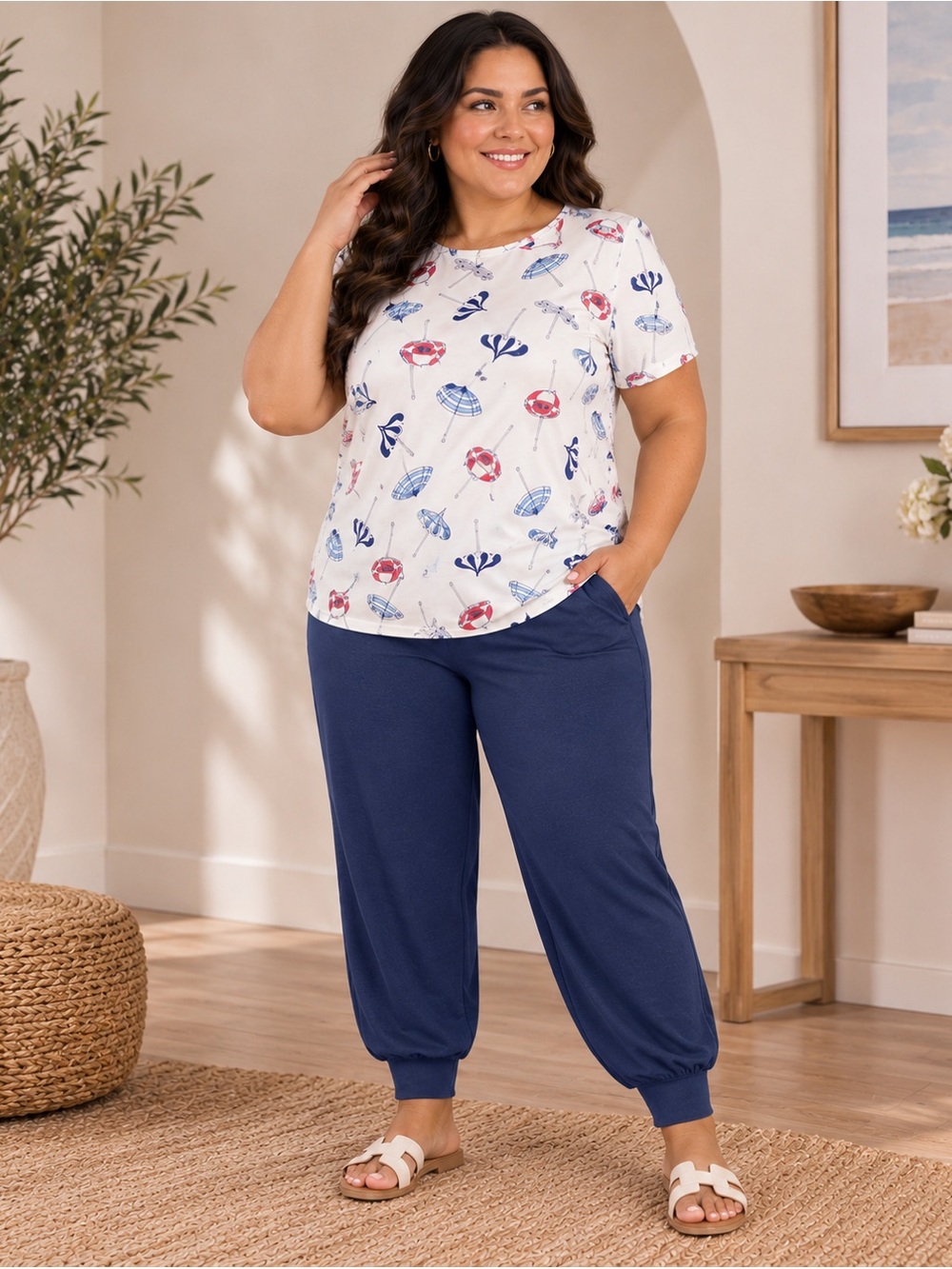 AnyBody Petite Cozy Knit Printed Tee & Jogger Set Petite L New A723287